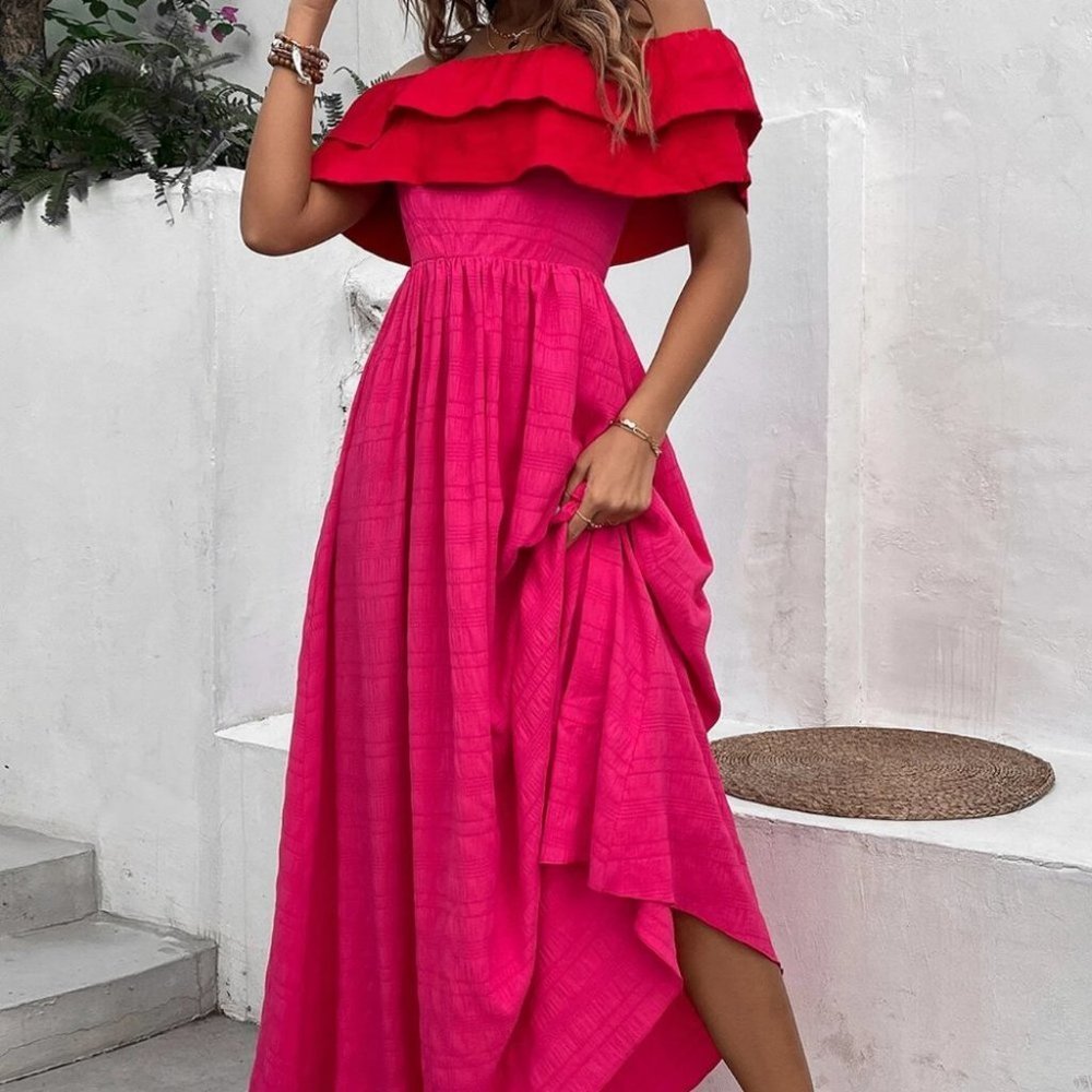 Red Preppy Womens Off Shoulder Ruffle Trim Dress - Picture 4 of 5
